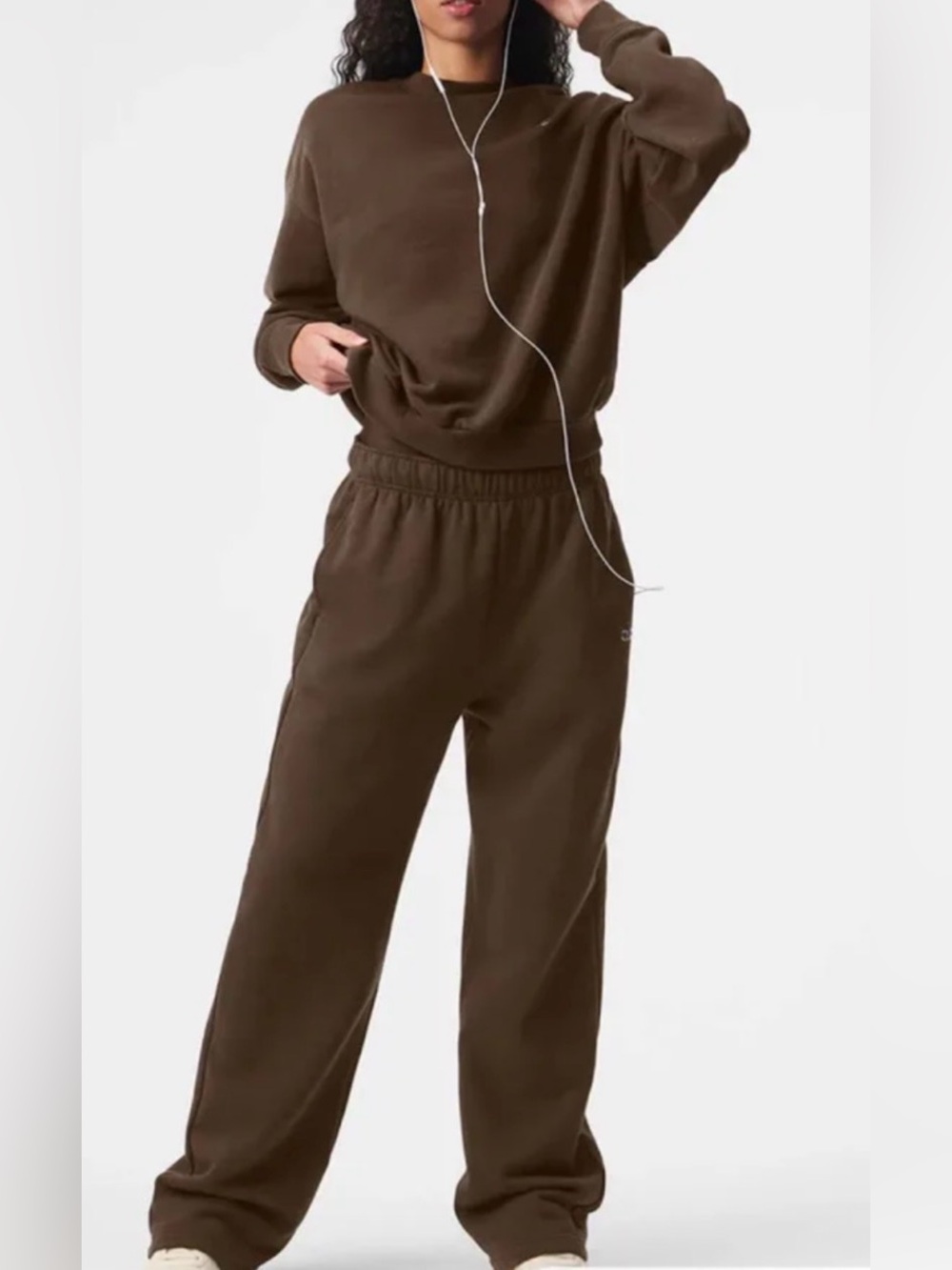 Alo Women’s Brown 2-Piece Sweatsuit Set L Crewneck Drawstring Elastic - Picture 4 of 9